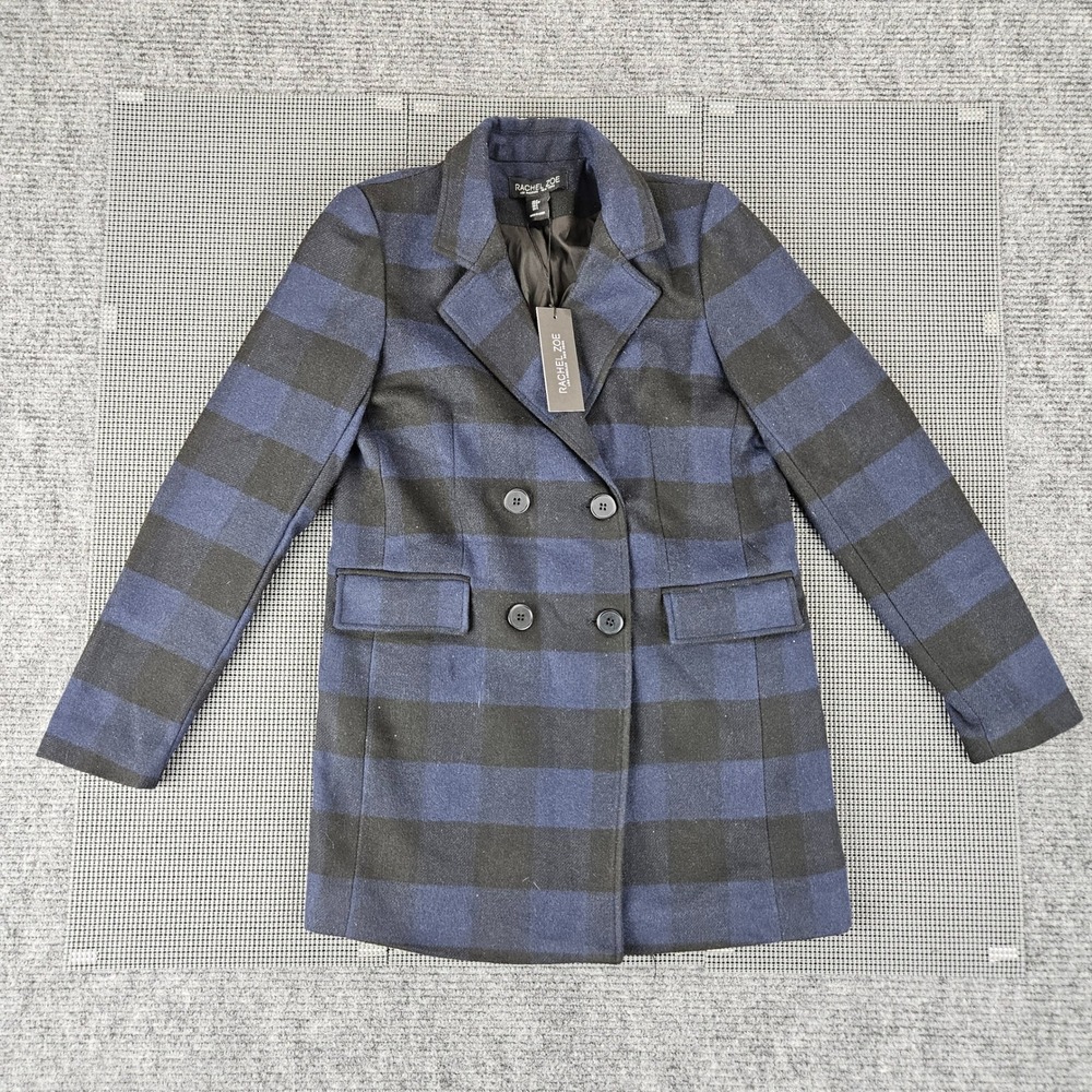 Rachel Zoe Coat Womens S Blue Black Buffalo Plaid Double Breasted Peacoat NEW